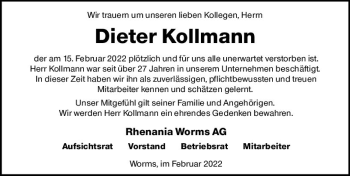 Traueranzeige von Dieter Kollmann von vrm-trauer Wormser Zeitung