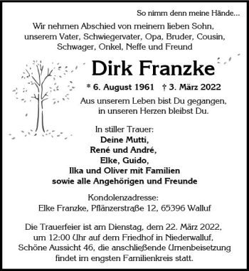 Traueranzeige von Dirk Franzke von vrm-trauer Wiesbadener Kurier