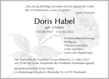 Traueranzeige von Doris Habel von vrm-trauer Wiesbadener Kurier