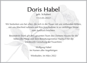 Traueranzeige von Doris Habel von vrm-trauer Wiesbadener Kurier