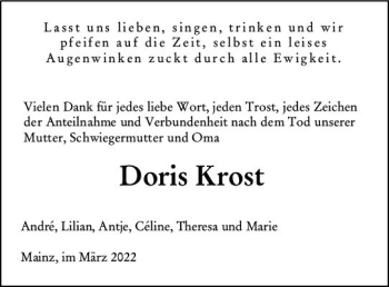 Traueranzeige von Doris Krost von vrm-trauer AZ Mainz