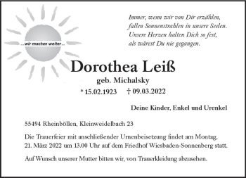 Traueranzeige von Dorothea Leiß von vrm-trauer Wiesbadener Kurier