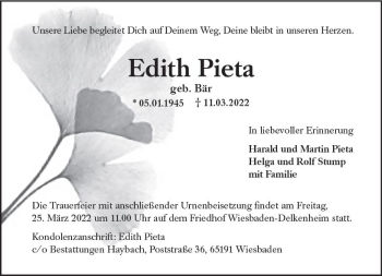 Traueranzeige von Edith Pieta von vrm-trauer Wiesbadener Kurier