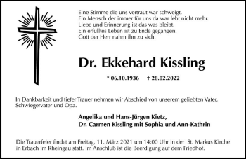 Traueranzeige von Ekkehard Kissling von vrm-trauer Wiesbadener Kurier