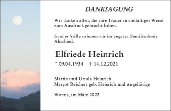 Traueranzeige von Elfriede Heinrich von vrm-trauer Wormser Zeitung
