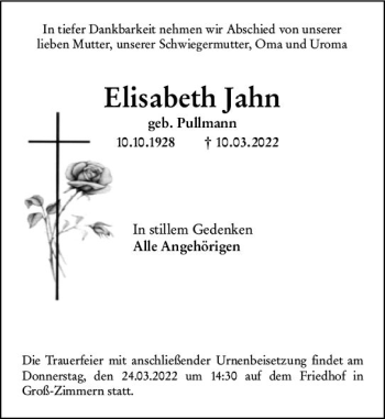 Traueranzeige von Elisabeth Jahn von vrm-trauer DieburgerAnzeiger/Groß-Zimmerner Lokala