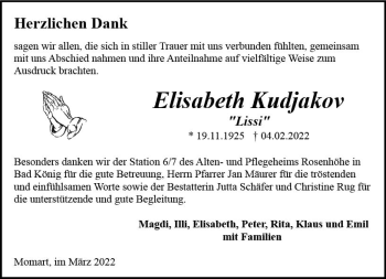 Traueranzeige von Elisabeth Kudjakov von vrm-trauer Odenwälder Echo