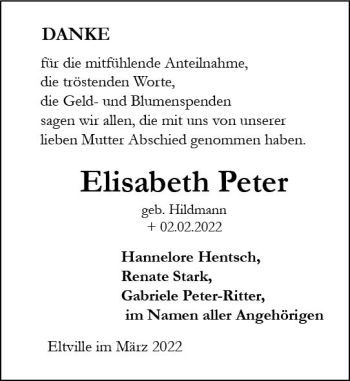 Traueranzeige von Elisabeth Peter von vrm-trauer Rheingau