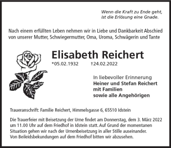 Traueranzeige von Elisabeth Reichert von vrm-trauer Idsteiner Zeitung