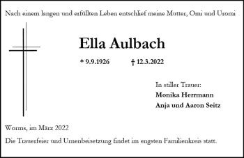 Traueranzeige von Ella Aulbach von vrm-trauer Allgemeine Zeitung Alzey