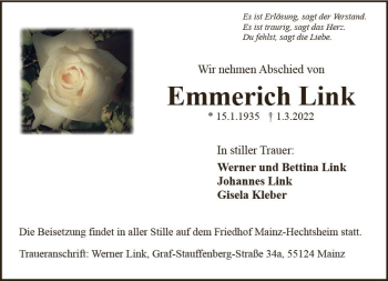 Traueranzeige von Emmerich Link von vrm-trauer AZ Mainz