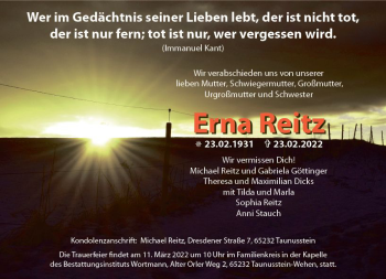 Traueranzeige von Erna Reitz von vrm-trauer Wiesbadener Kurier