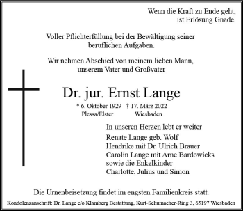 Traueranzeige von Ernst Lange von vrm-trauer Wiesbadener Kurier