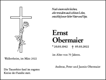 Traueranzeige von Ernst Obermaier von vrm-trauer Allgemeine Zeitung Alzey