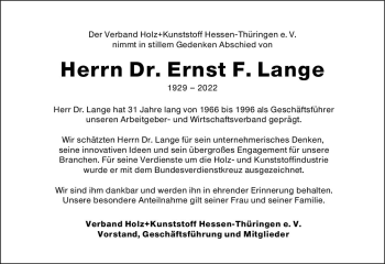 Traueranzeige von Ernst F. Lange von vrm-trauer Wiesbadener Kurier