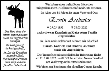 Traueranzeige von Erwin Aschmies von vrm-trauer Rüsselsheimer Echo / MainSpitze