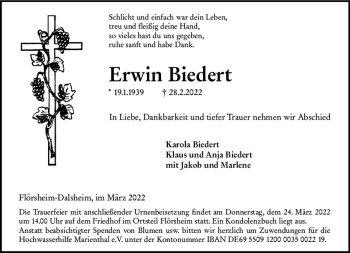 Traueranzeige von Erwin Biedert von vrm-trauer Wormser Zeitung