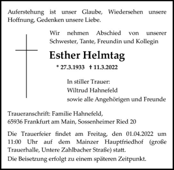 Traueranzeige von Esther Helmtag von vrm-trauer AZ Mainz