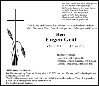 Traueranzeige von Eugen Gräf von vrm-trauer Allgemeine Zeitung Alzey