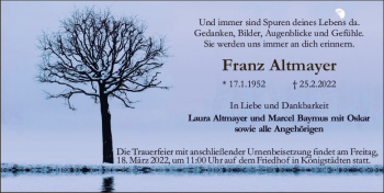 Traueranzeige von Franz Altmayer von vrm-trauer Rüsselsheimer Echo / MainSpitze