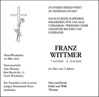 Traueranzeige von Franz Wittmer von vrm-trauer Wiesbadener Kurier