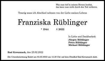 Traueranzeige von Franziska Rüblinger von vrm-trauer Allg. Zeitung Bad Kreuznach