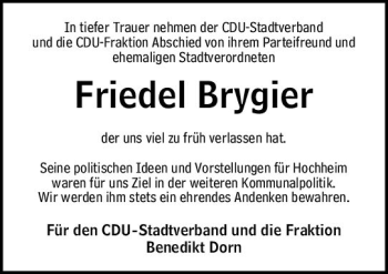 Traueranzeige von Friedel Brygier von vrm-trauer Hochheimer Zeitung