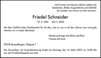 Traueranzeige von Friedel Schneider von vrm-trauer Allgemeine  Zeitung Ingelheim-Bingen