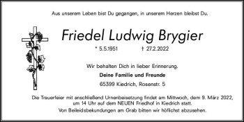 Traueranzeige von Friedel Ludwig Brygier von vrm-trauer Rheingau
