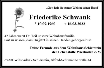 Traueranzeige von Friederike Schwank von vrm-trauer Wiesbadener Kurier