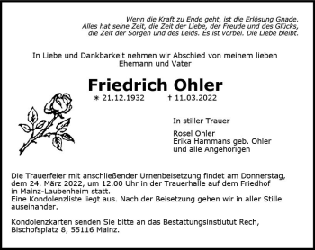 Traueranzeige von Friedrich Ohler von vrm-trauer AZ Mainz