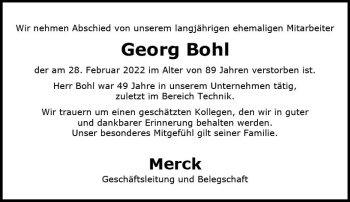 Traueranzeige von Georg Bohl von vrm-trauer Darmstädter Echo