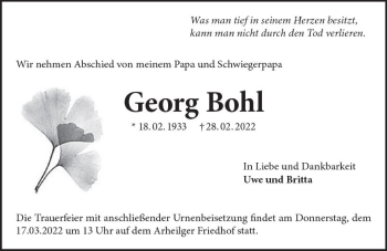 Traueranzeige von Georg Bohl von vrm-trauer Darmstädter Echo