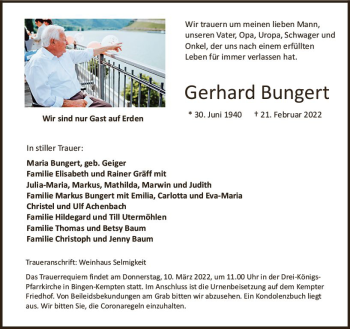 Traueranzeige von Gerhard Bungert von vrm-trauer Allgemeine  Zeitung Ingelheim-Bingen