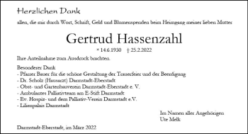 Traueranzeige von Gertrud Hassenzahl von vrm-trauer Darmstädter Echo