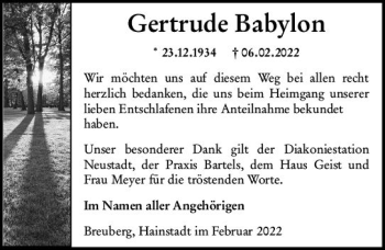Traueranzeige von Gertrude Babylon von vrm-trauer Odenwälder Echo