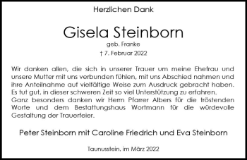 Traueranzeige von Gisela Steinborn von vrm-trauer Wiesbadener Kurier