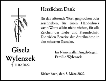 Traueranzeige von Gisela Wylenzek von vrm-trauer Darmstädter Echo