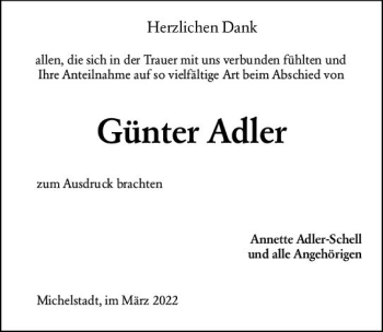 Traueranzeige von Günter Adler von vrm-trauer Odenwälder Echo