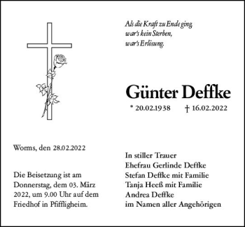 Traueranzeige von Günter Deffke von vrm-trauer Wormser Zeitung