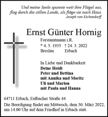Traueranzeige von Günter Hornig von vrm-trauer Odenwälder Echo