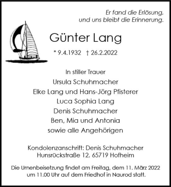 Traueranzeige von Günter Lang von vrm-trauer Wiesbadener Kurier