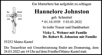 Traueranzeige von Hannelore Johnston von vrm-trauer AZ Mainz