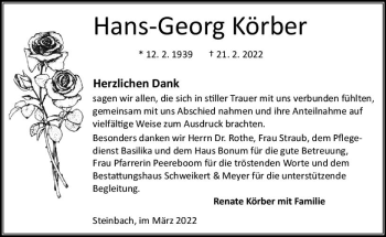 Traueranzeige von Hans-Georg Körber von vrm-trauer Odenwälder Echo