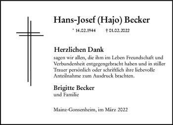 Traueranzeige von Hans-Josef Becker von vrm-trauer AZ Mainz