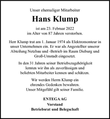 Traueranzeige von Hans Klump von vrm-trauer Odenwälder Echo