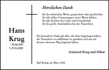 Traueranzeige von Hans Krug von vrm-trauer Odenwälder Echo