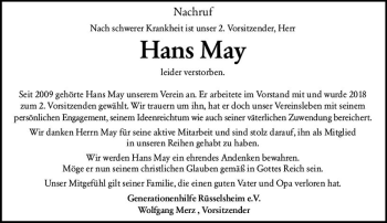 Traueranzeige von Hans May von vrm-trauer Rüsselsheimer Echo / MainSpitze