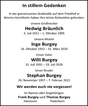 Traueranzeige von Hedwig Bräunlich von vrm-trauer Wormser Zeitung