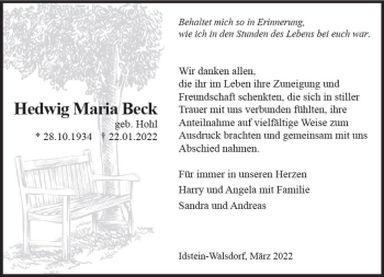 Traueranzeige von Hedwig Maria Beck von vrm-trauer Idsteiner Zeitung